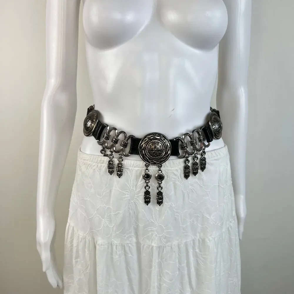 Vintage Women's Black & Silver Tone Medallion Hanging Charm Western Belt (XS/S)